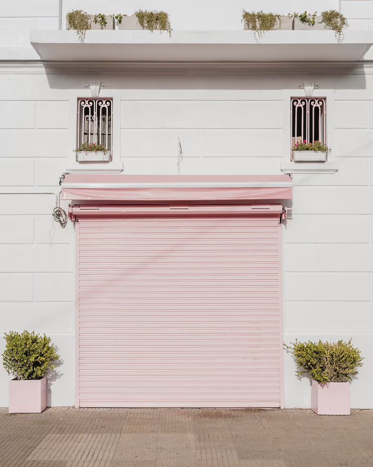 A pink garage door