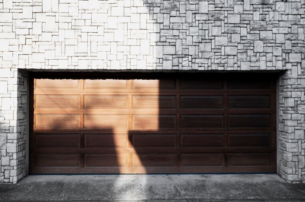 A wooden garage door